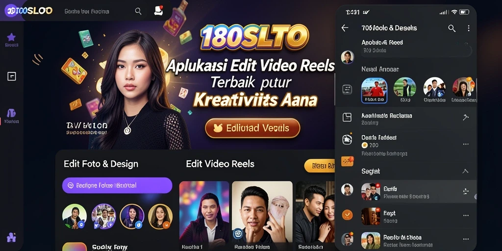 Antarmuka pengguna 180SLOT untuk mengedit video reels dengan berbagai fitur.