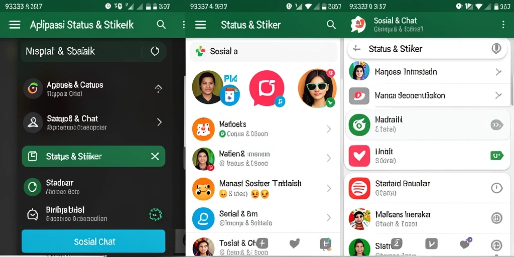 Antarmuka aplikasi 93337 menampilkan berbagai stiker dan status kreatif.