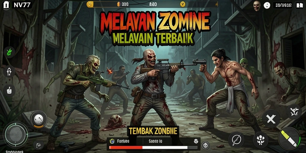 Antarmuka NV77 menampilkan aksi menembak zombie yang mendebarkan.